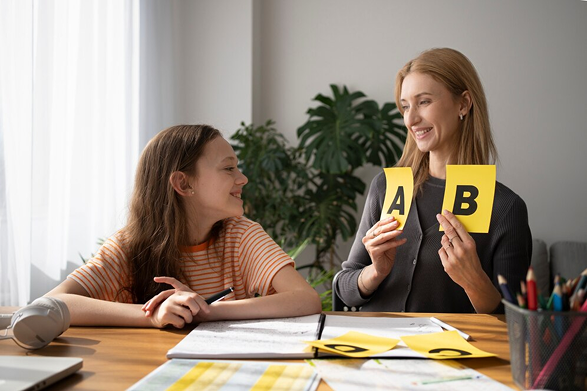 A tutor helps a young girl learn letters with flashcards.