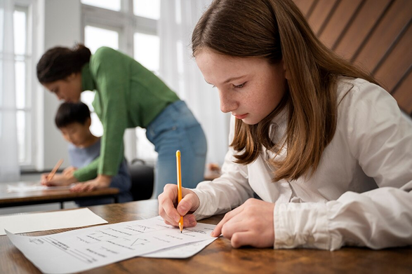 A young girl focused on writing in a classroom setting.