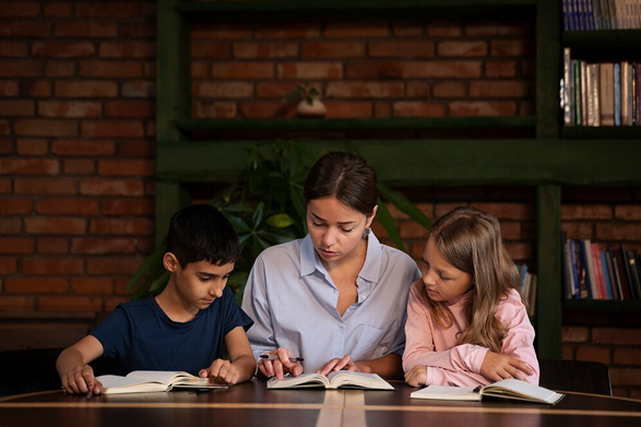 Teacher helping two children with reading at a table.