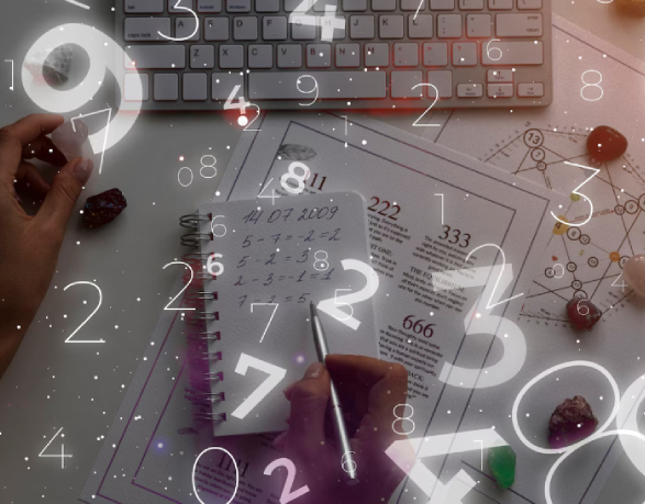 Abstract overlay of numbers on a tech workspace with keyboard and phone.