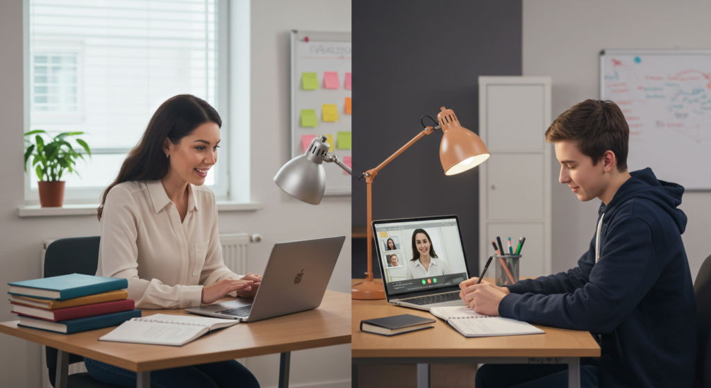 Two coworkers video conferencing with smiles in a modern office.
