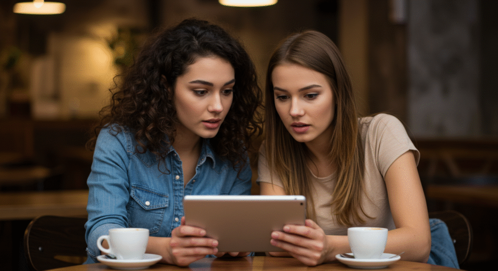 Two women attentively looking at a tablet in a cozy setting.