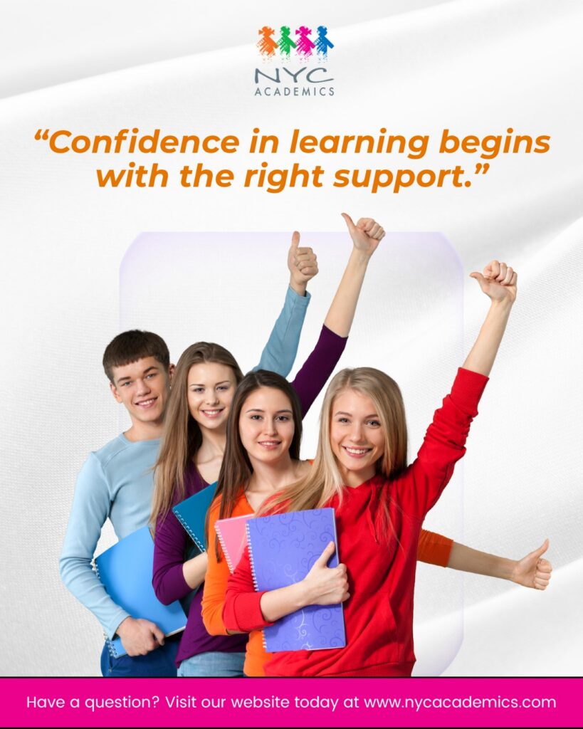 Smiling students holding notebooks, giving thumbs up